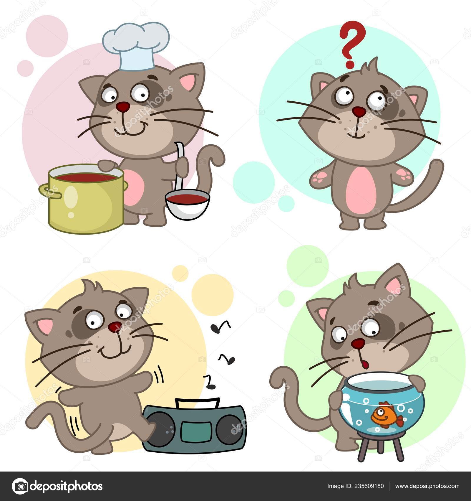 Set Icons Cats Children Design Cat Cooks Soup Cap Ladle Stock